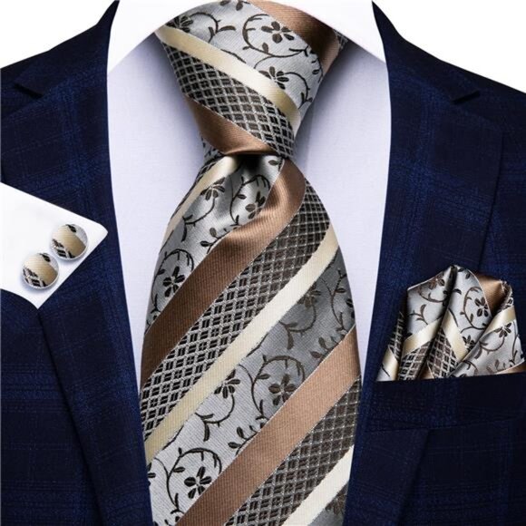 Mens Silk Paisley Necktie and Pocket Square Cufflinks Set for Wedding Business - Picture 3 of 7